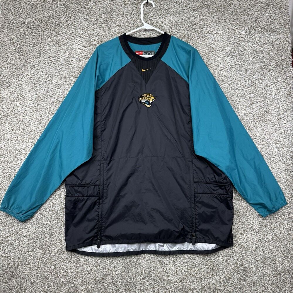 Vintage Jacksonville Jaguars Windbreaker XXL Nike Black Teal V Neck Adirondack